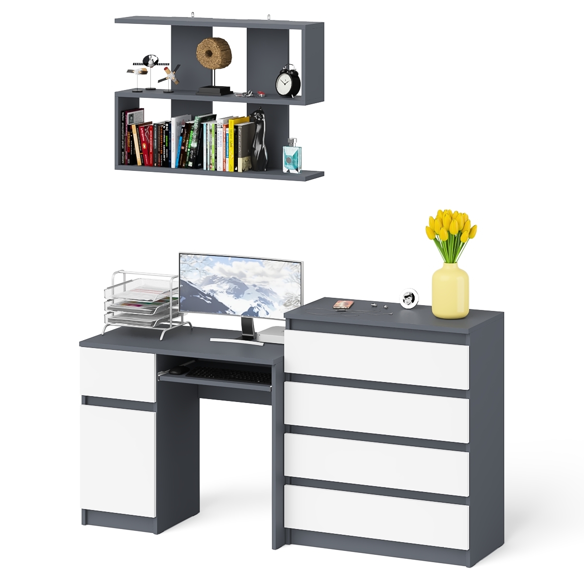 Стол компьютерный Мори МС-1 левый + Комод МК800.4 + Полка 900, цвет графит/белый, ШхГхВ 170,4х50х209,6 см., НЕ универсальная сборка
