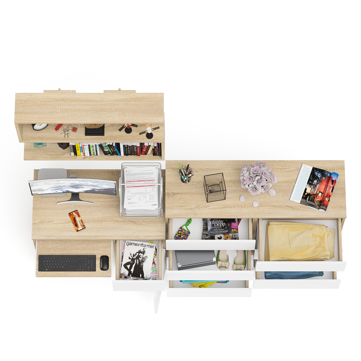 Стол компьютерный Мори МС-1 правый + Комод МК1200.8 + Полка 900, цвет дуб сонома/белый, ШхГхВ 210,4х50х209,6 см., НЕ универсальная сборка
