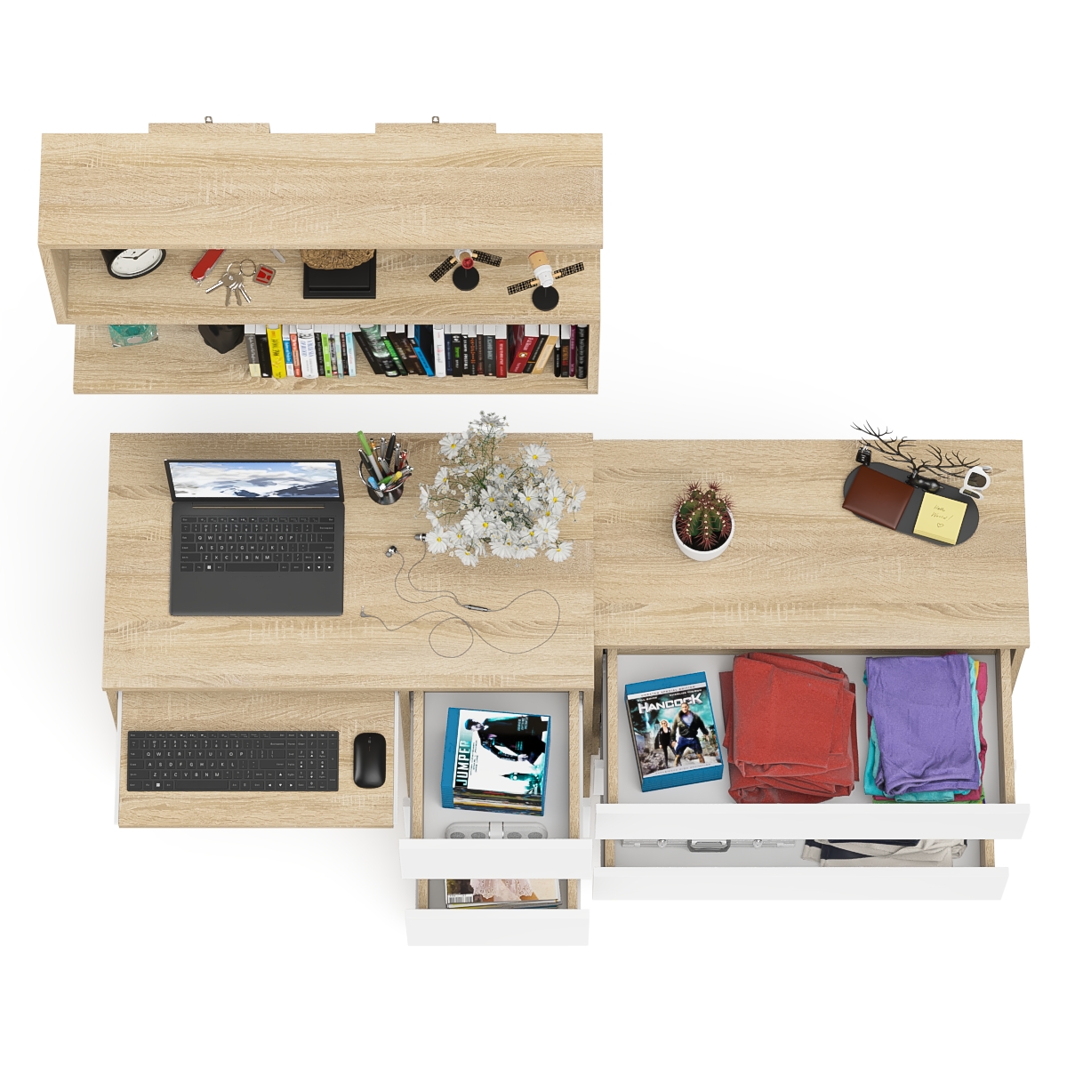 Стол компьютерный Мори МС-6 правый + Комод МК800.1 + Полка 900, цвет дуб сонома/белый, ШхГхВ 170,4х50х209,6 см., НЕ универсальная сборка