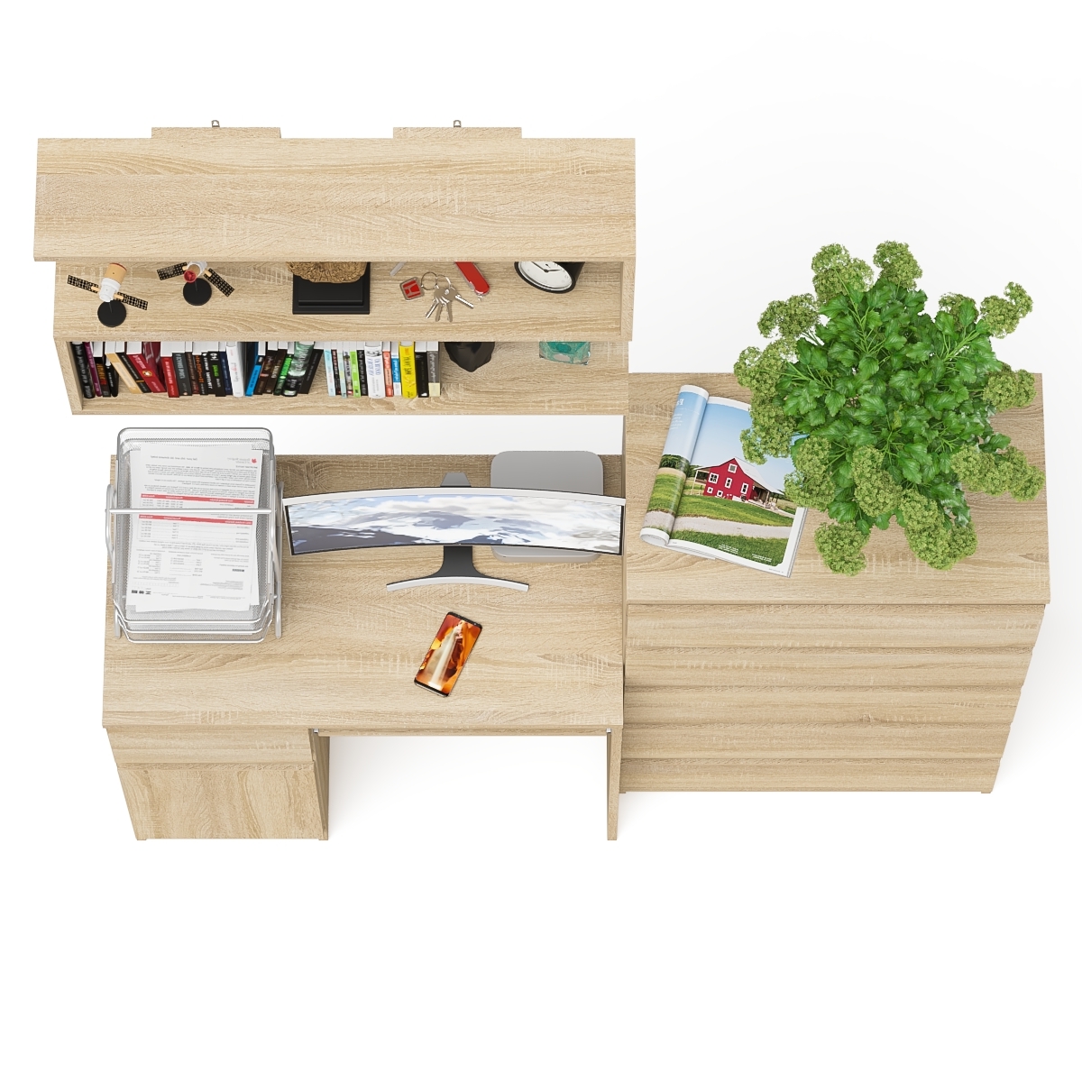 Стол компьютерный Мори МС-1 левый + Комод МК700.5 + Полка 900, цвет дуб сонома, ШхГхВ 160,4х50х209,6 см., НЕ универсальная сборка